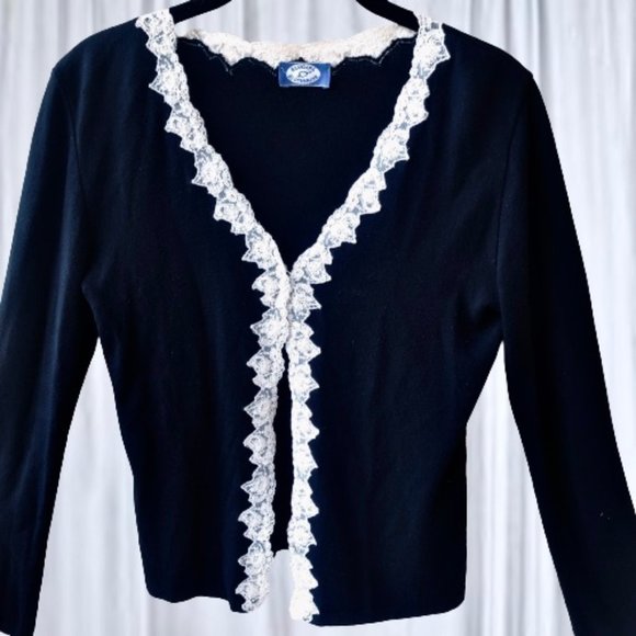 Blugirl Blumarine Black Cardigan Sweater Lace Trim Italian Designer Womens 6 - Picture 5 of 13